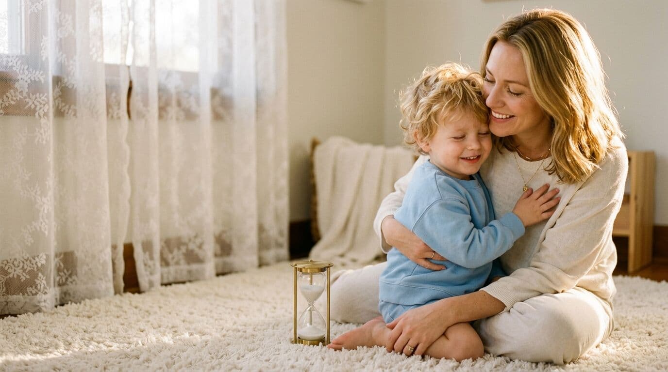 Mãe abraçando o filho no tapete
