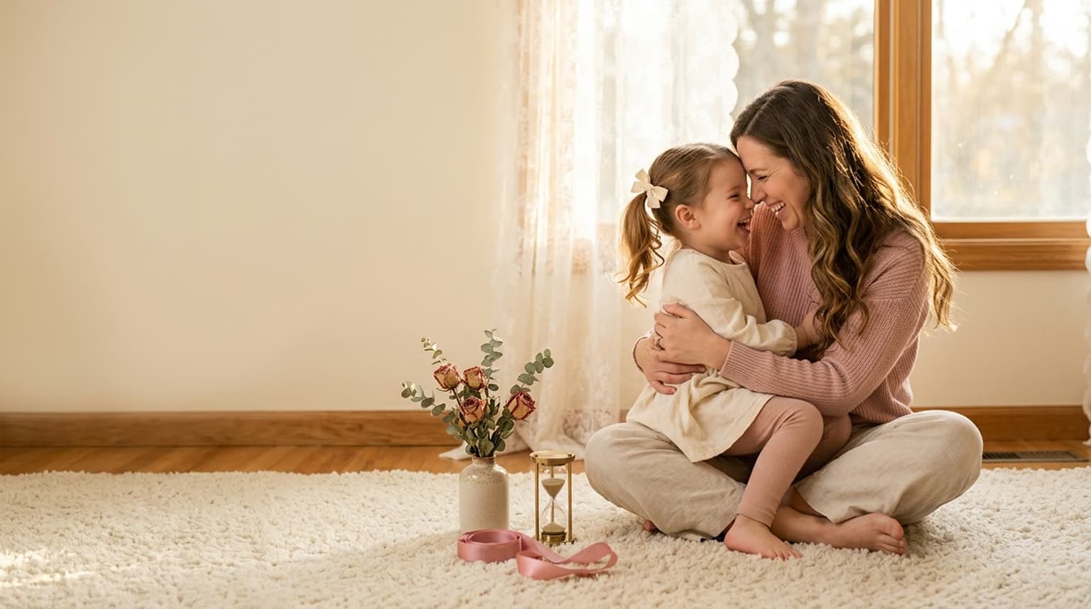 Mãe e filha no colo, em casa